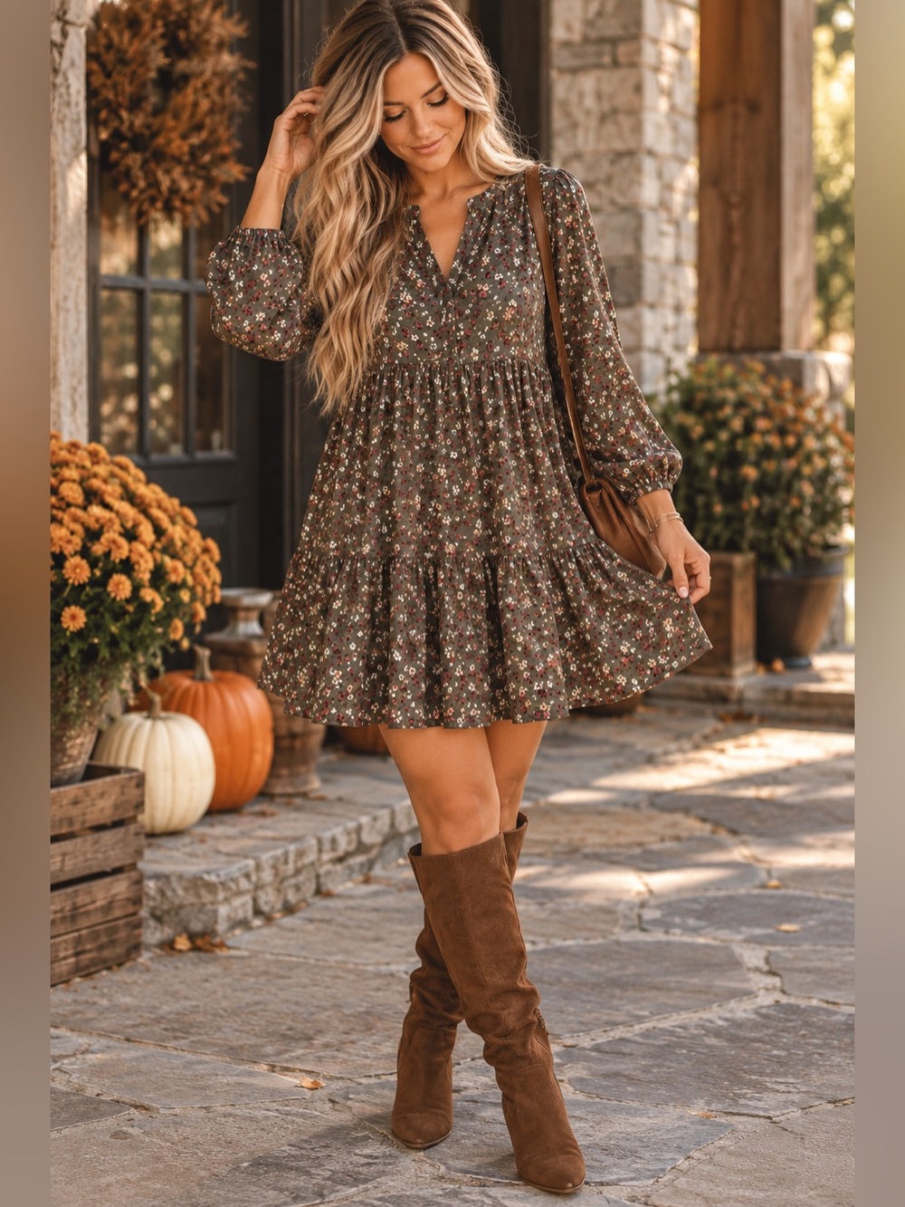 Umgee Olive Green Floral Babydoll Tiered Mini Dress